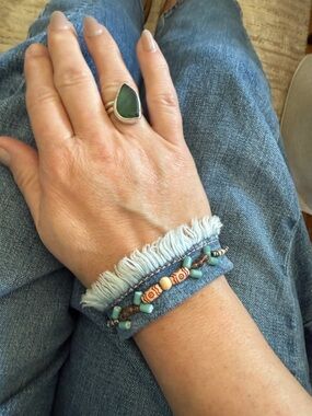 Denim Fringe Bead Bracelet with Turquoise Accents - Blue